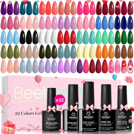beetles Gel Polish Set Fall Gel Nail Polish Kit 36 Pcs 32 Colors with Base Top Coat Burgundy Red Blue Purple Hot Pink Green Black White Uv LED Lamp Nails Gifts for Women Fingertip Palette