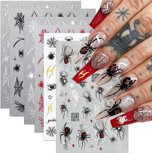 Spider Nail Art Stickers 3D Self-Adhesive Black White Red Silver Spiders Spider Web Star Nail