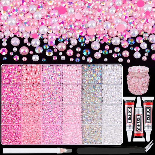 9000Pcs Flatback Pearls and Rhinestones for Crafting, Pink White Mixed Size 3-8mm Resin Rhinestones