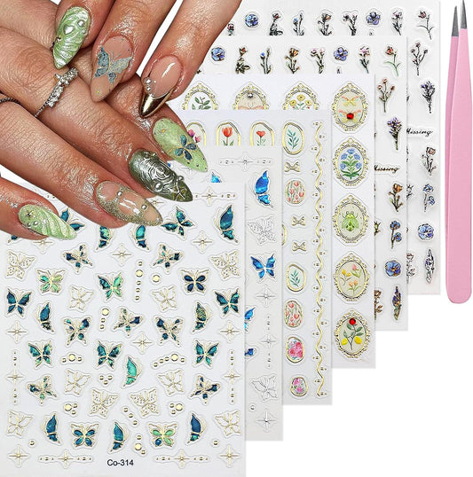 Spring Flower Nail Art Stickers Decals Blue Green Butterfly Nail Decals Self Adhesive 5D Embossed
