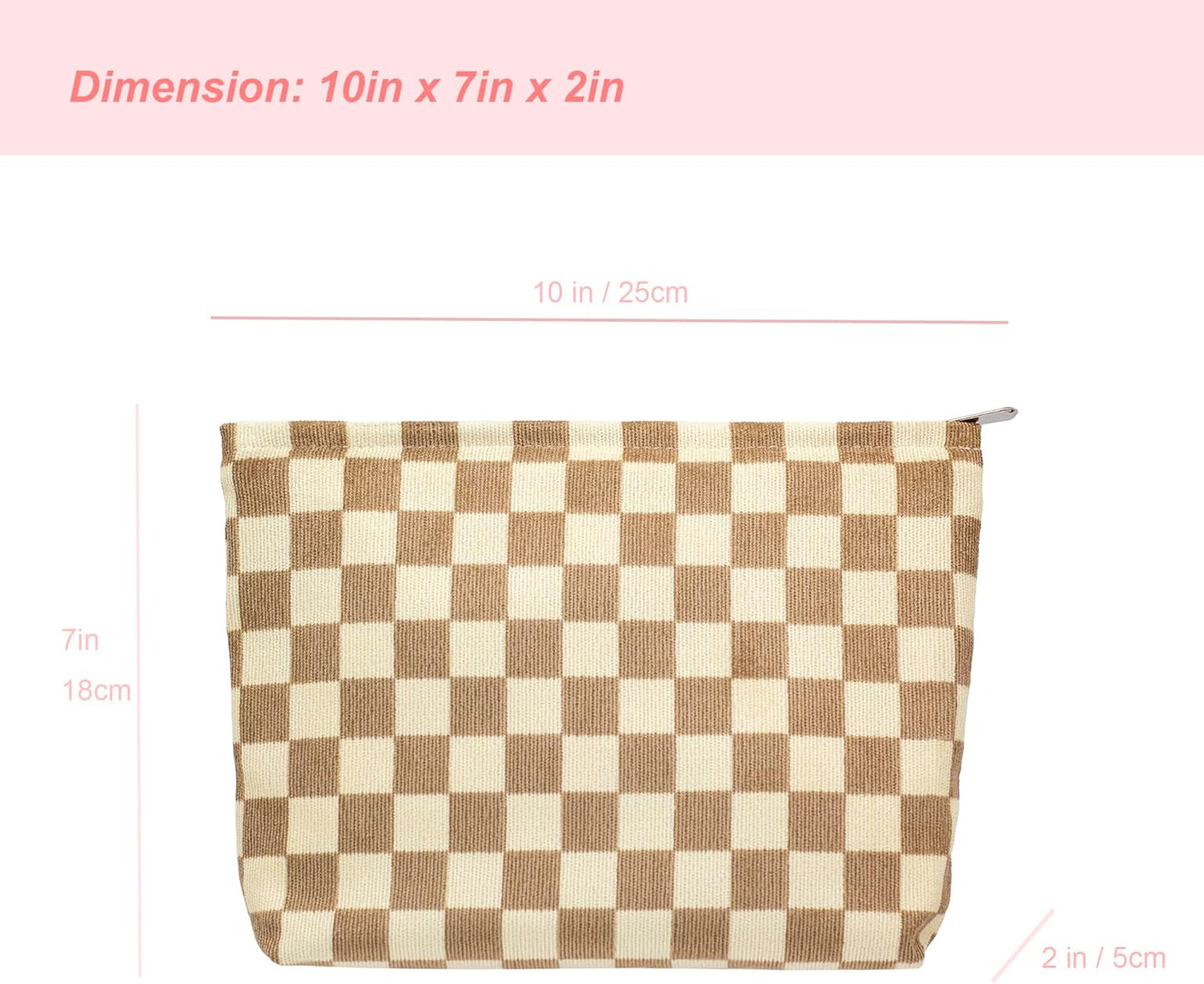 PAZIMIIK Makeup Bag Large Zipper Corduroy Make Up Pouch for Purse Travel Canvas Cosmetic Organizer for Women Brush Storage,Checkered Light Brown