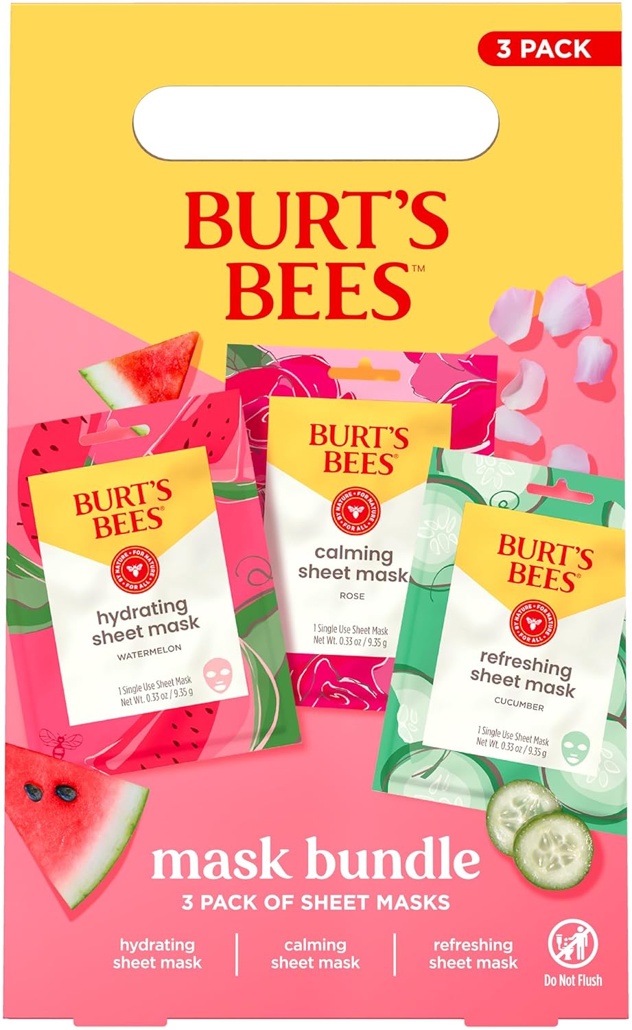 Burt's Bees Face Mask Bundle Set, Hydrating Watermelon, Calming Rose, & Refreshing Cucumber, Face Sheet Masks for Single Use Skin Care, 99% Natural Origin, 3 Count, 0.33oz Each