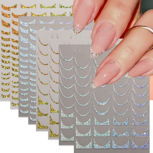 8 Sheets French Tip Nail Art Stickers 3D Self-Adhesive Gold Laser Stripes French Line Transfer