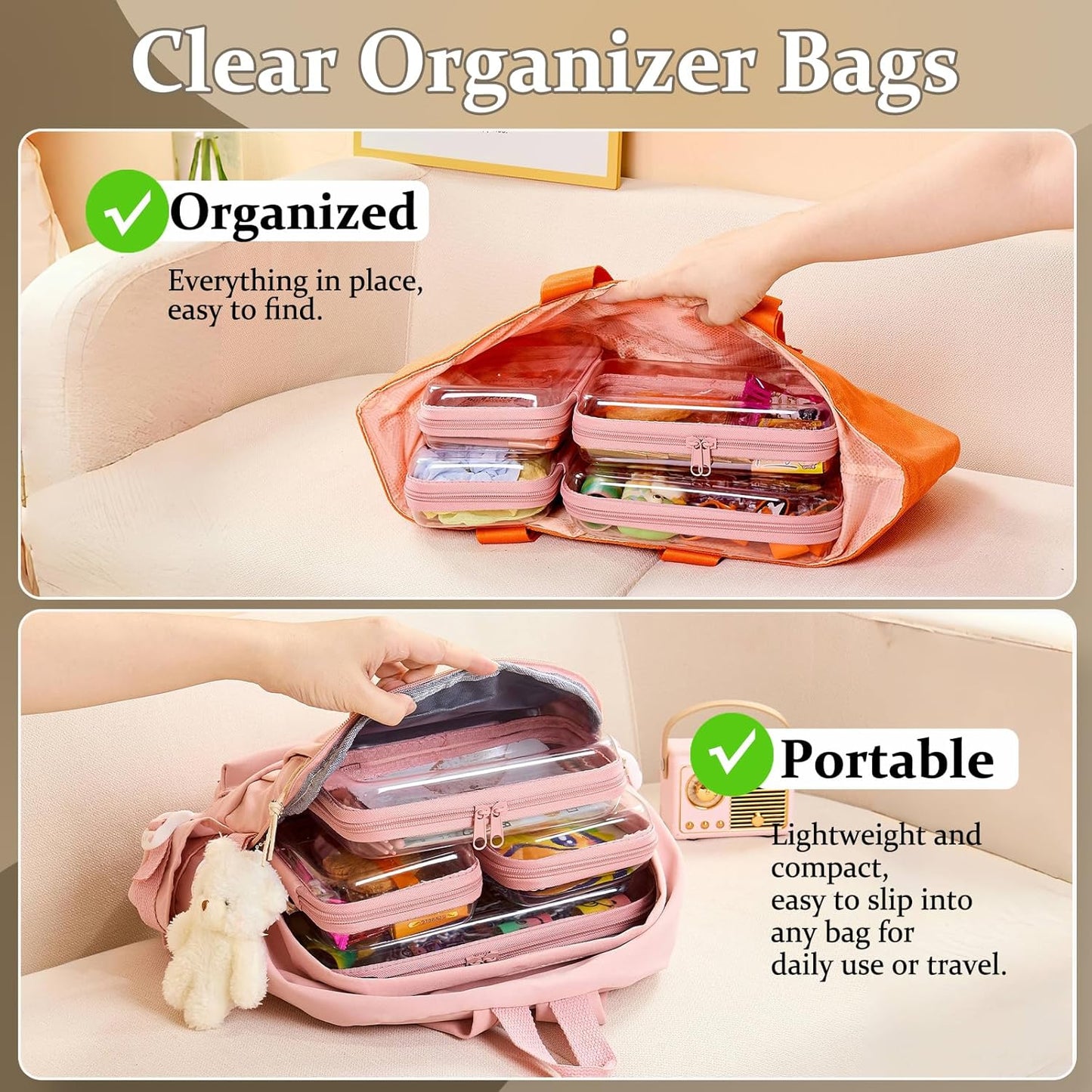 4 pcs Clear Zipper Pouches,Hard Shell Zipper Case, Toiletry Bag for Travel, CLear Diaper Bag, Toiletry Pouch, Travel Organizer, Clear Cosmetic Bag,Toy Storage Bins (M+3S) (Light Pink)