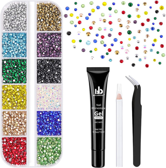 4200Pcs Glass Crystal Small Rhinestones for Nail Art with Nails Rhinestone Glue, Colourful SS3-SS8