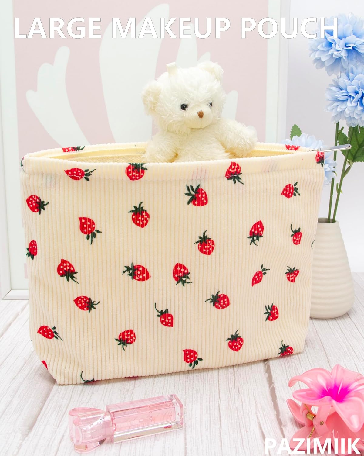 PAZIMIIK Makeup Bag Large Cotton Zipper Pouch for Purse Travel Canvas Make Up Organizer for Women Cosmetic,Strawberry Beige