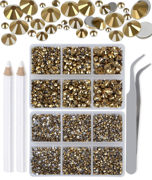 LPBeads 6000 Pieces Metallic Gold Non Hotfix Rhinestones 6 Sizes Round Crystal Glass Flat Back