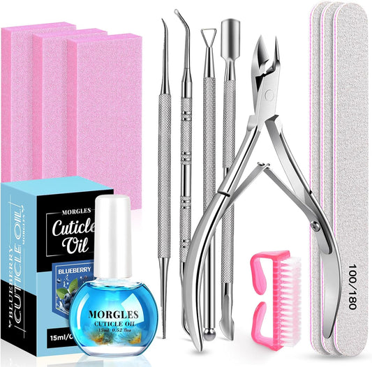 MORGLES Nail Files and Buffers Set, Manicure Kit for Women with Blueberry Cuticle Oil, 13 Pcs Nail Care Kit with Cuticle Trimmer and Pusher