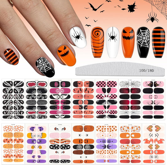 EBANKU 14 Pcs Halloween Full Wrap Adhesive Nail Polish Stickers, Cute Ghost Bats Spider Webs