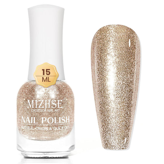 MIZHSE Quick Dry Glitter Nail Polish, Metallic Gold Nail Polish Air Dry Fast, 15 ml High Glossy