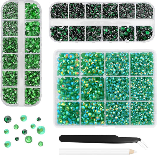 Morcheiong 17000Pcs Resin Rhinestones Green Flatback Crystals Diamond Includes Tweezers and Pickup
