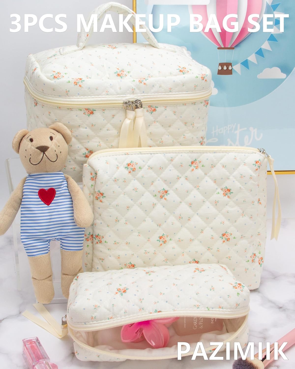 PAZIMIIK 3PCS Makeup Bag SET Large Travel Quilted Zipper Soft Cosmetic Case Pouch for Women Girls Make Up,Floral White