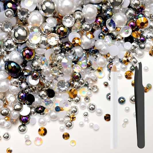 80g Mix Flatback Pearls and Rhinestones for Crafts Black White Mixed Size 2mm-10mm Half Round
