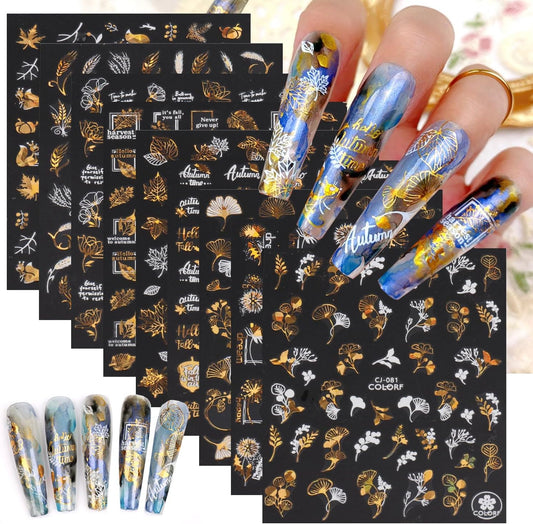 9 Sheets Autumn Nail Stickers Maple Leaf Nail Decals 3D Self Adhesive Nail Art Stickers Bronzing