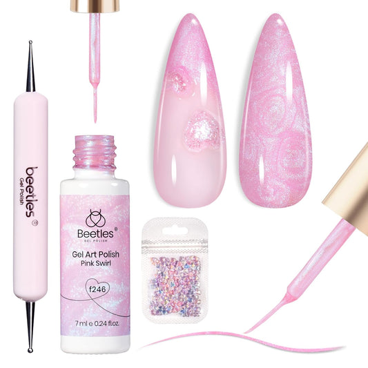 Beetles Pearl Pink Gel Nail Polish,Pearlescent Pink Mermaid Nail Drawing Gel Nail Art Polish Soak Off Uv Led Shimmer Gel Liner Nail Art with Dotting Pen & Heart Nail Charms for Women