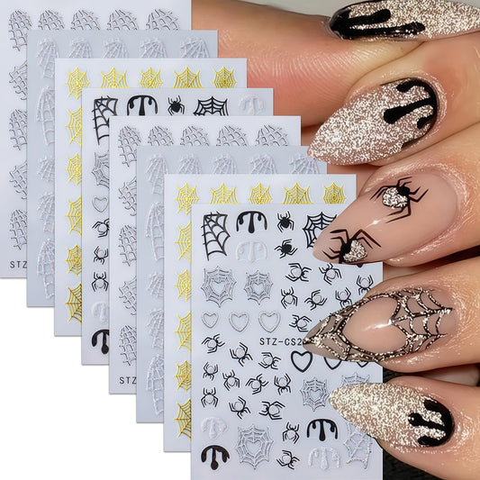 8 Sheets Halloween Nail Art Stickers 3D Self-Adhesive Shiny Gold White Silver Spider Web and Spider