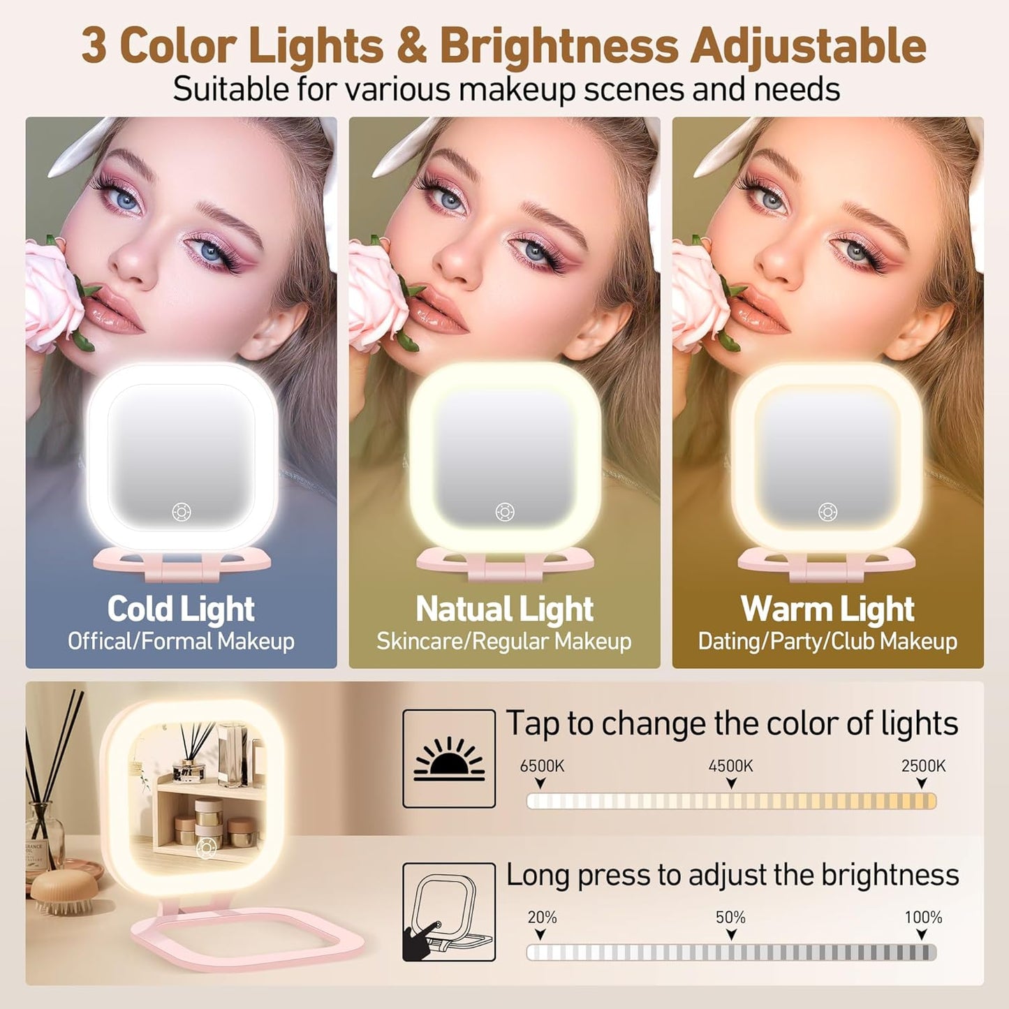 Travel Mirror with Light, 1x/30x Magnifying Mirror with 3 Color Lights and Adjustable Brightness, 4.5x3.9 inch Small Compact Hangable Hand Pocket 3 Way Mirror, Comes with Tweezer