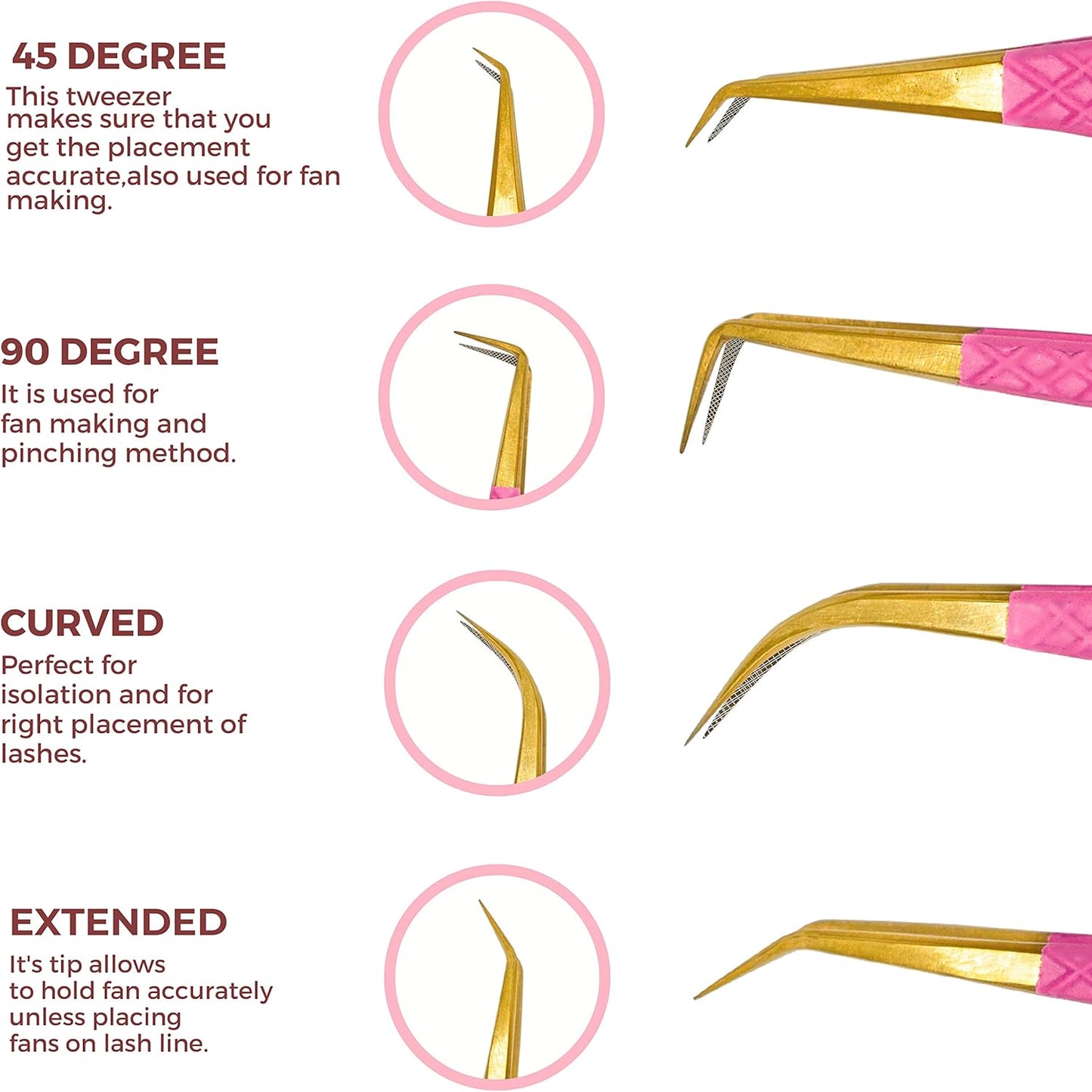 SIVOTE Fiber Tip eyelash tweezers for lash extensions with Diamond Grip, Pink, Set of 4 - Precise Tips Japanese Steel for Classic, Volume & Mega Volume Lashes, Anti-Rust - Ideal for Lash Artists