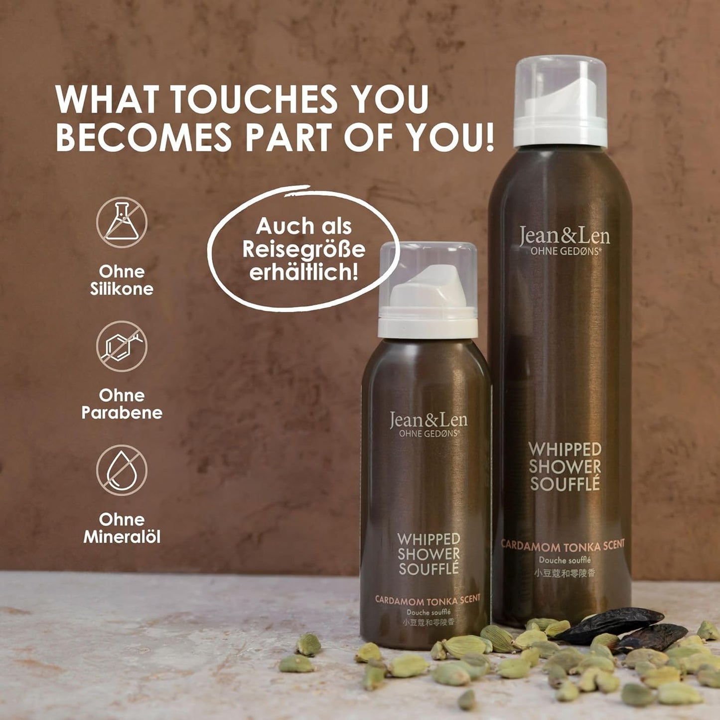 Jean & Len Shower Soufflé Cardamom & Tonka, almond, jojoba and babussa oil, for a fragrant cleansing experience, for normal to dry skin, shower foam, without parabens & silicones, vegan, 6.76 Fl. Oz.