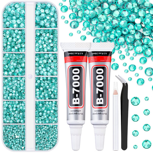 6100Pcs Resin Rhinestones for Crafting with 2Pcs 10ml B7000 Jewelry Glue, 1 Box Flatback Crystals Diamond (Aquamarine) for Bedazzling Crafts DIY Nail Art，Non Hotfix Gems for Clothing Shoes Tumblers