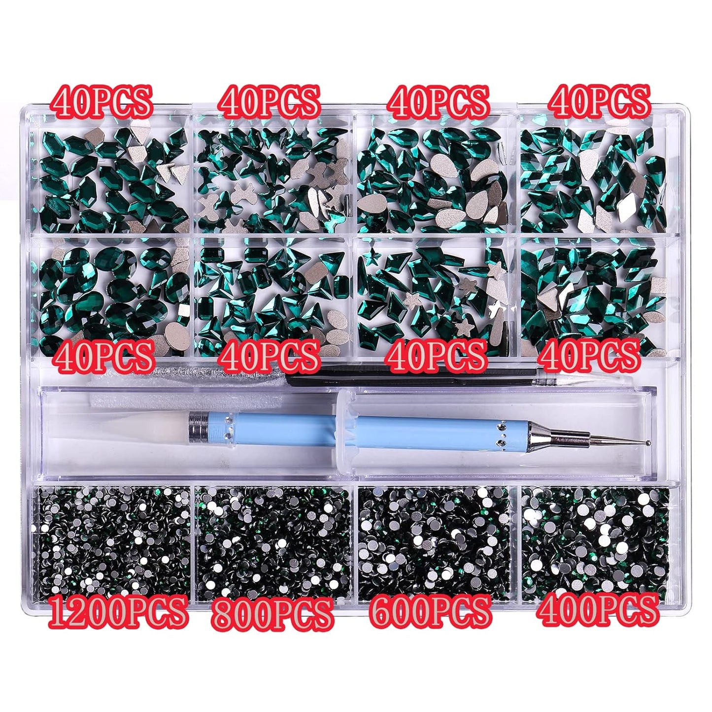 3320Pcs Green Nail Art Rhinestones Crystal,HOINCO 3D Rhinestones Gems Jewels Diamond,24 Types of 320 Diamonds + 3000 Round Beads, Crystals 3D Flat Back Gemstones for Nail DIY Crafts with Tweezers Pen