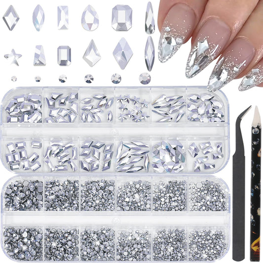 Nail Rhinestones - 3D Multi Shape Size, Flat Back, Manicure Rhinestones Charms, Crystal Silver