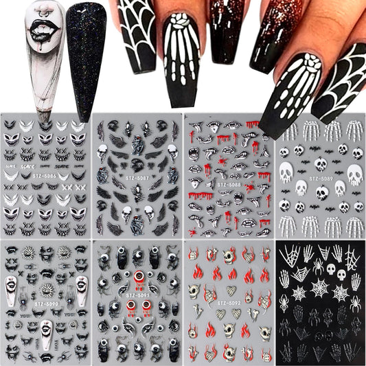 8 Sheets Halloween Nail Art Stickers Goth Ghost Nail Decals 3D Self-Adhesive Skeleton Skull Spider