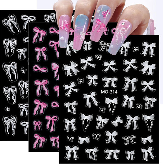 Bow Nail Art Stickers 3 Sheets 5D Embossed Self Adhesive Nail Decals Pink White Bow Nail Stickers