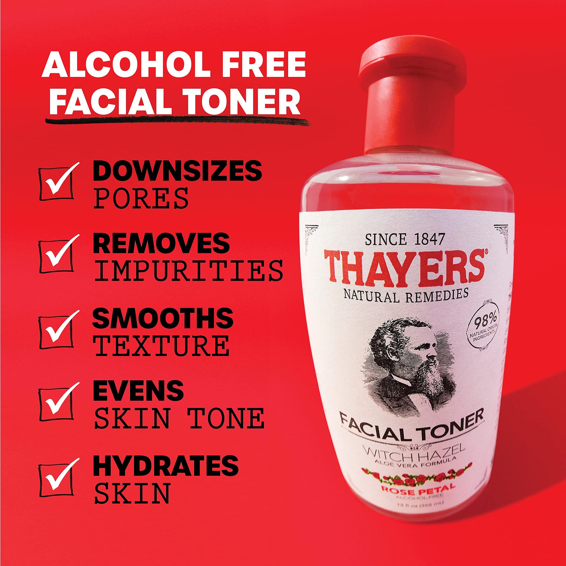 THAYERS Alcohol-Free, Hydrating Rose Petal Witch Hazel Facial Toner with Aloe Vera Formula, Vegan