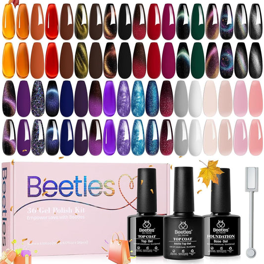Beetles Cat Eye Gel Nail Polish 39 Pcs Jelly Nail Set Glitter Changing Nail Polish Kit Treasure Box Collection with 3Pcs Base Matte and Glossy Top Soak Off UV Halloween Nails
