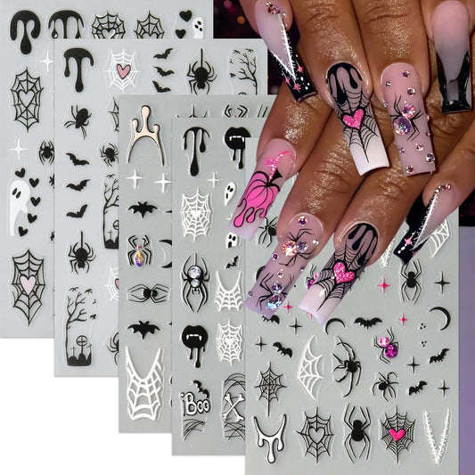 5 Sheet Halloween Nail Stickers 5D Micro Relief Self-Adhesive Cute Ghost Spider Web Nail Decals