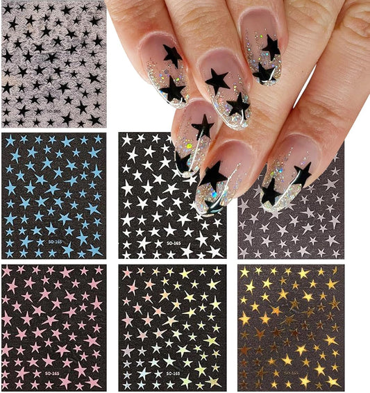 7 Sheets Star Nail Art Stickers - Gold, Silver, White, Black 3D Self-Adhesive Decals for Manicure