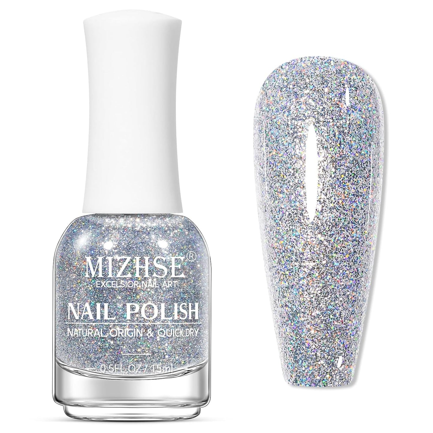 MIZHSE Quick Dry Glitter Nail Polish, Siver Rainbow Nail Polish Air Dry Fast, 15ml High Glossy Sparkly Shiny Shimmery Iridescent Silver Nail Art Salon Manicure Home