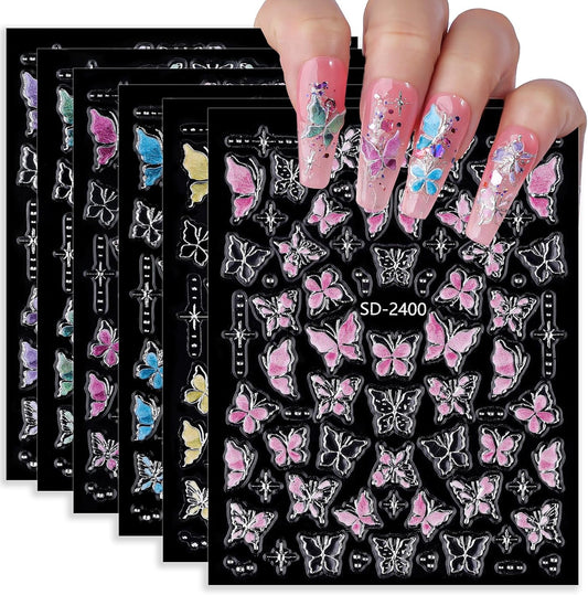 5D Butterfly Nail Stickers 6 Sheets Embossed Butterfly Nail Decals Pink Purple Self Adhesive Nail
