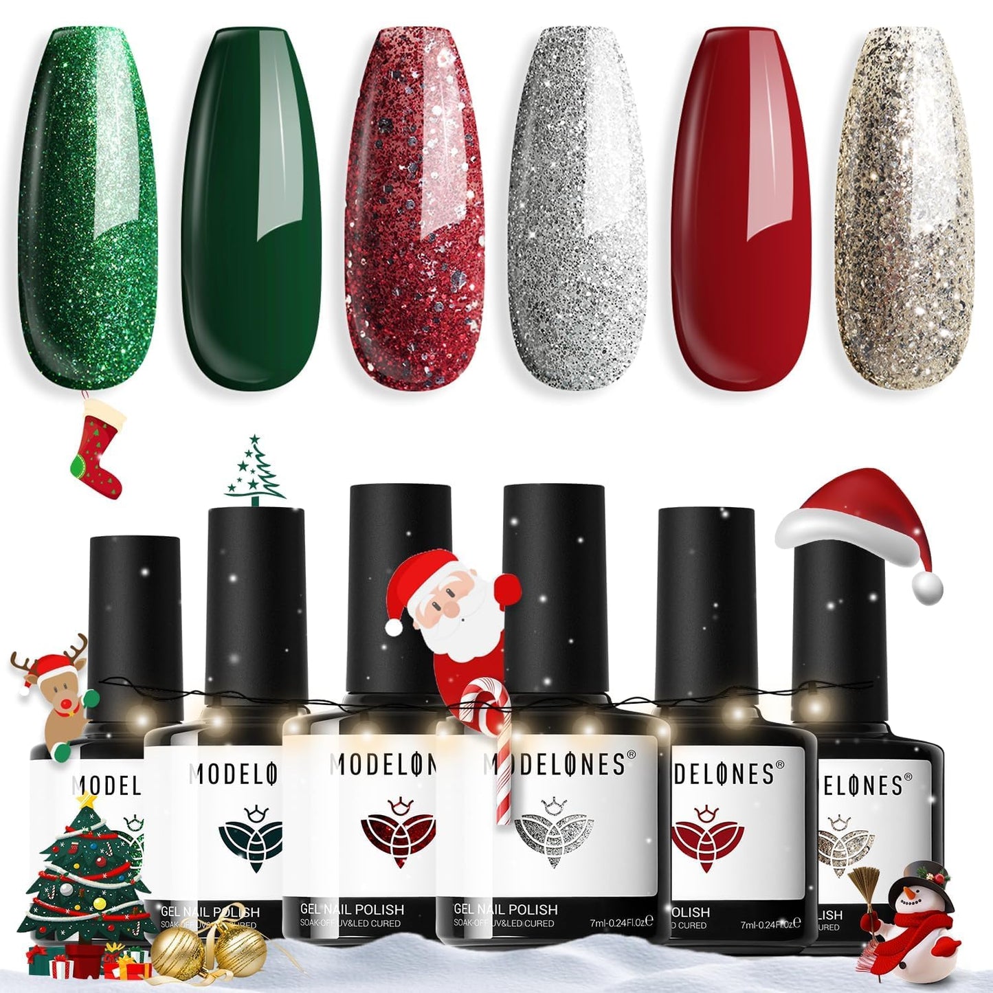 modelones Christmas Gel Nail Polish Set 6 Colors, Winter Sparkle Dark Green Red Glitter Silver Champagne Rose Gold New Year Shades Shopping Gel Polish Ki Soak Off Nail Art Manicure Home Gift