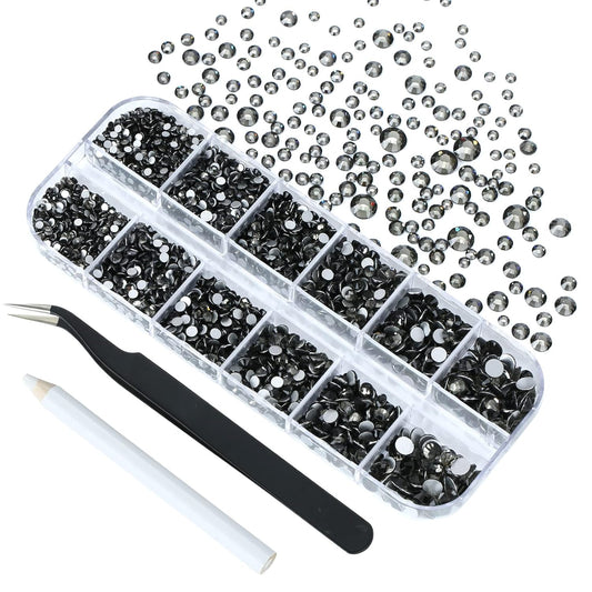 4240Pcs Black Diamond Flatback Rhinestones 6 Sizes Crystal Diamonds for Nail Art Crafts Clothes