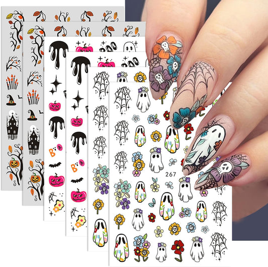 6 Sheets Flower Halloween Nail Art Stickers Colorful Ghost Nail Stickers Pumpkin Nail Decals Spider