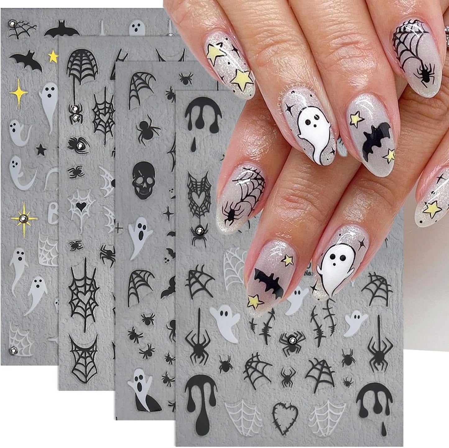 Halloween Nail Stickers Bat Nail Art Stickers Spider Web Nail Decals Gold Star Spider with Rhinestone Design Ghost Nail Sticker for Nail Art Decor Manicure Accessories for Women 6Sheets