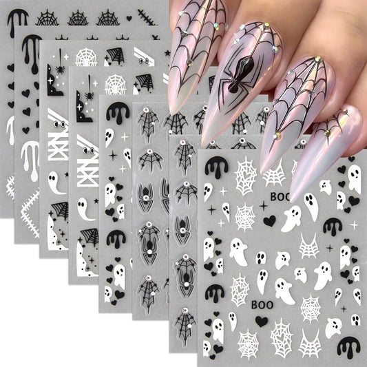 8 Sheets Spider Nail Art Stickers Halloween Ghost Nail Decals 3D Self-Adhesive Black White Heart