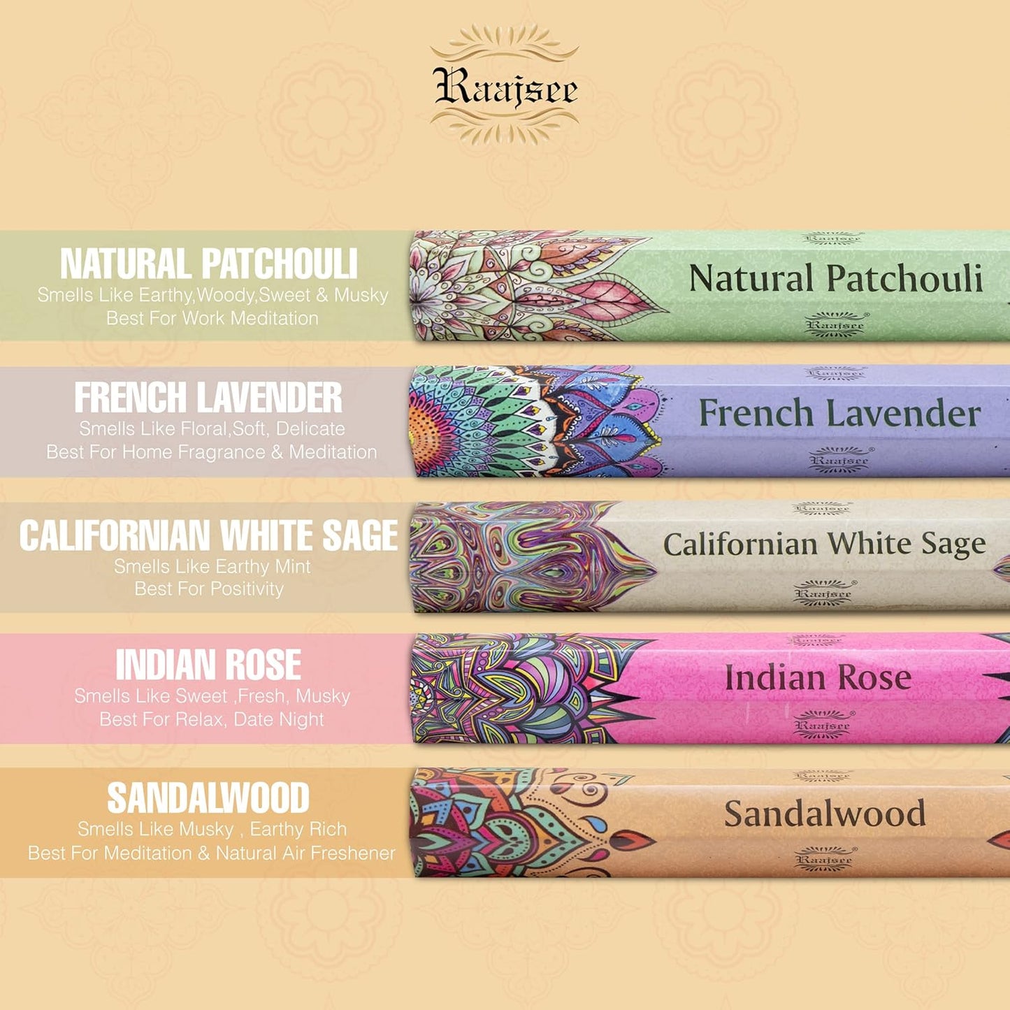 Raajsee Incense Sticks Multipack 15 Sticks x 5 Pack -100% Pure Organic Natural Assorted insense Stick - Hand Rolled Free from Chemicals -Perfect for Church Aromatherapy, Sandalwood,White sage, Rose