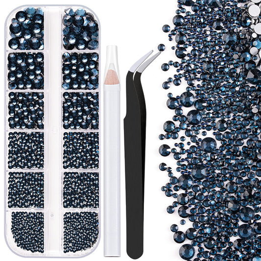 One Pack 2000 Pcs of Flatback Round Navy Blue Rhinestones 6 Sizes (1.5-6 mm) with Nail Art