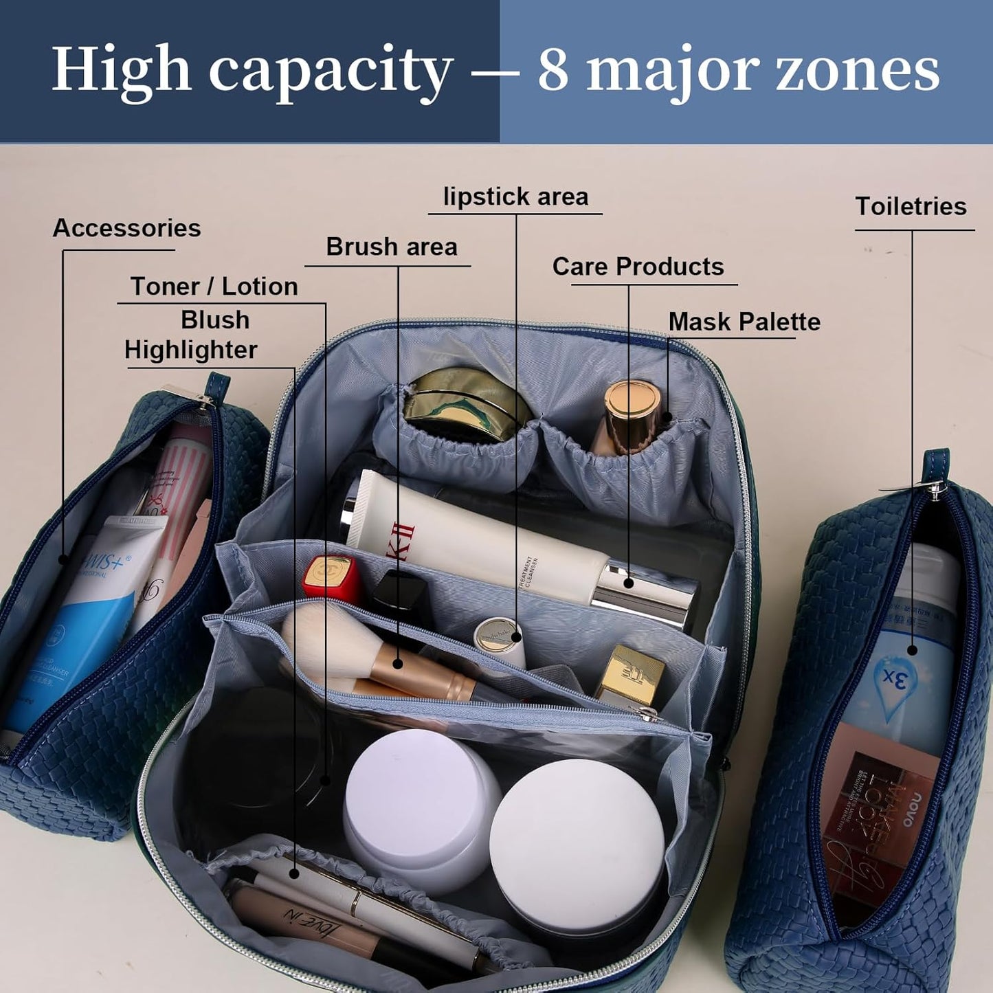 BOYATU Travel Makeup Bags for Women: Large Cosmetic Bag - 3 Set Make up Bags with Compartments - Vegan Leather Makeup Organizer Wide Open Portable Pouch (L20 Blue)