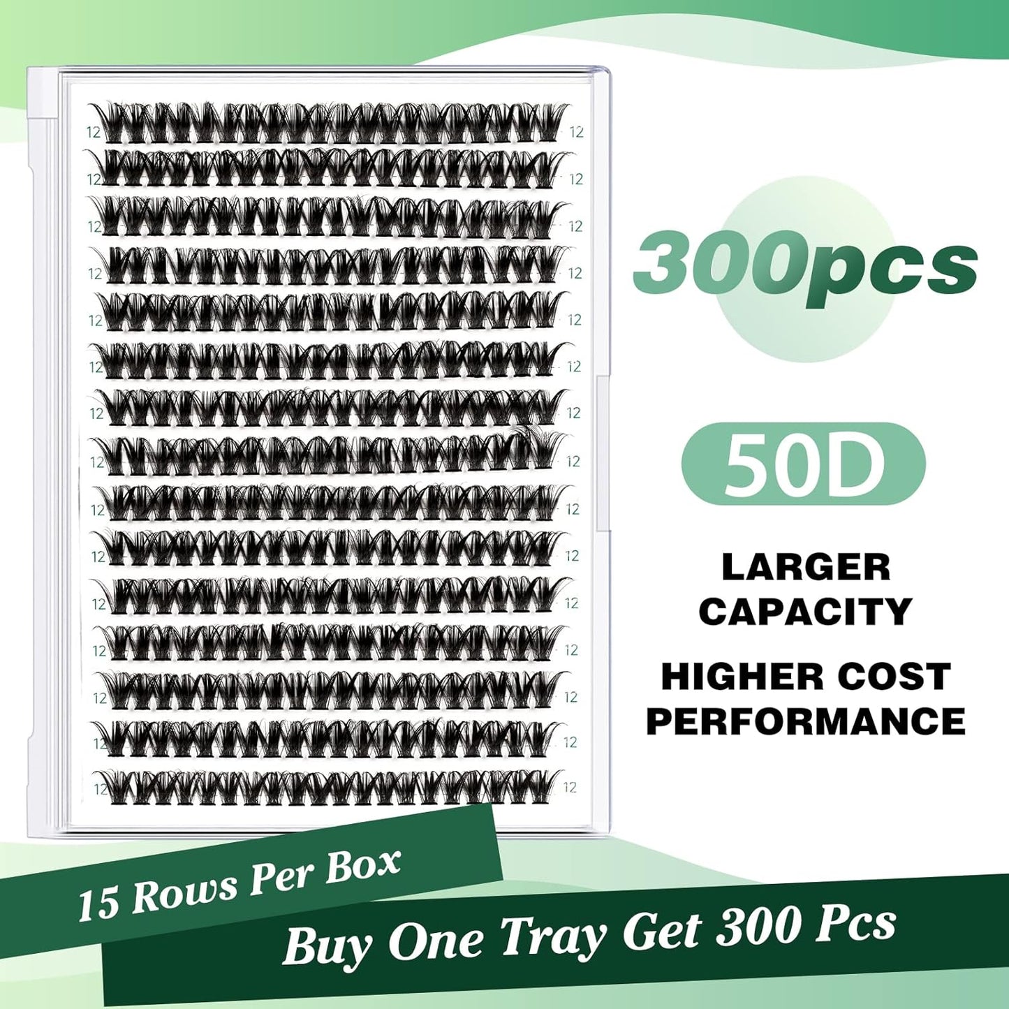 Lash Clusters 300pcs Eyelash Clusters 50D 0.07D Curl 12mm DIY Eyelash Extension KEYYOU Large Tray Volume Soft&Natural Individual Lashes(50D-0.07D,12)