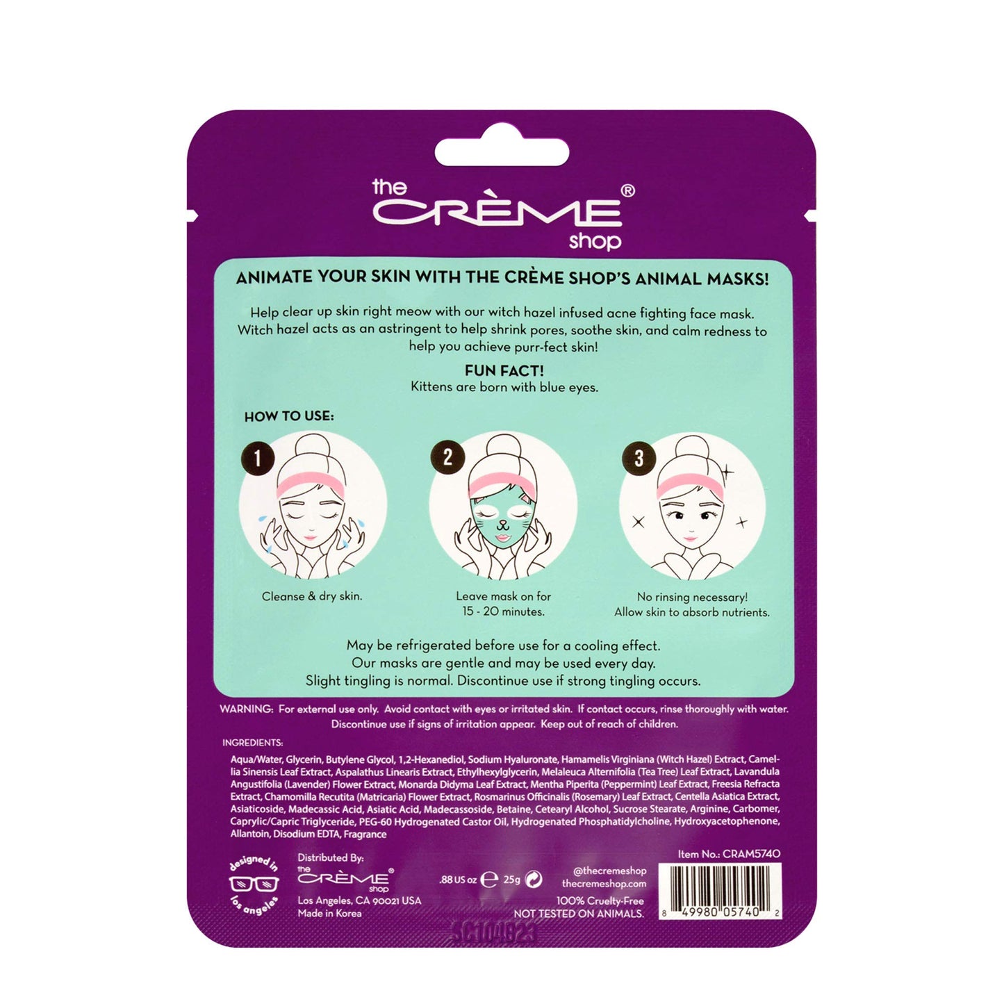 The Creme Shop Animal Sheet Mask, Korean, Hydrating, Collagen, Vitamin C, Anti-Aging - Pack of 3