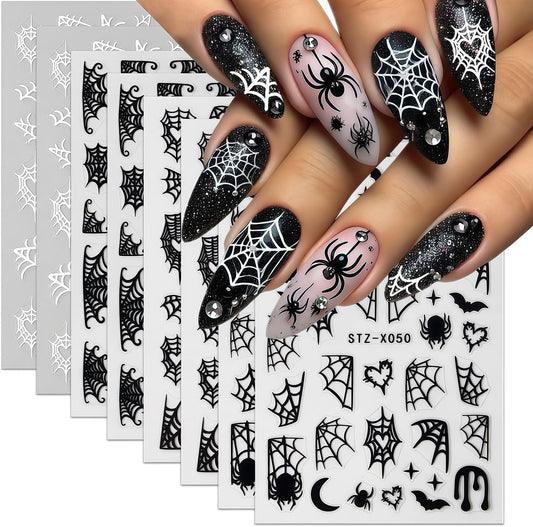 8 Sheets Spider Nail Art Stickers Halloween Nail Decals Black White Spider Web Spiders Design 3D