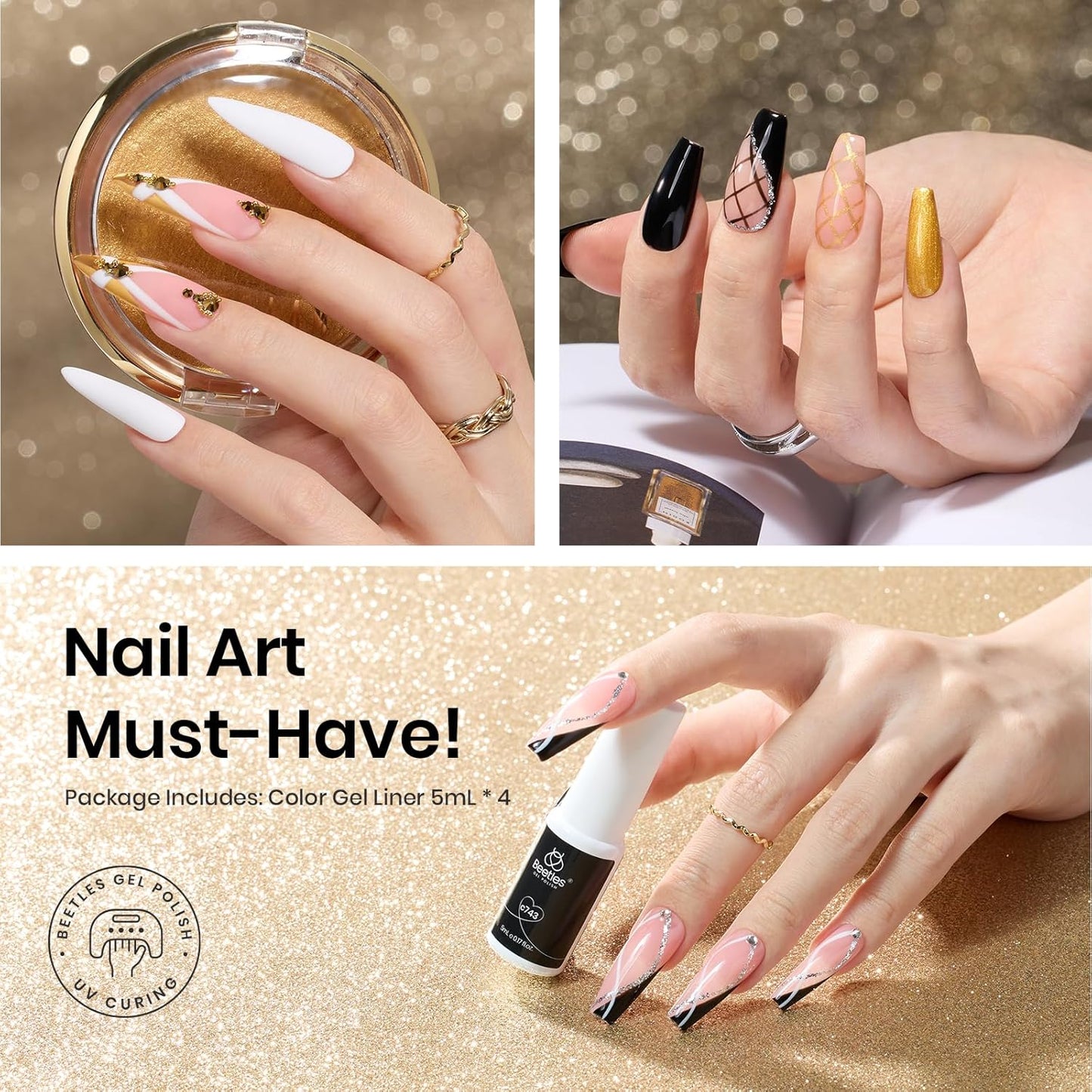 beetles Nail Art Liner Gel Polish Set, 4 Pcs Neutral Classic Glitter Reflective Colors Swirl Manicure Design Shiny Gold Silver Black White Decoration Holiday Party Gifts for Women Girls