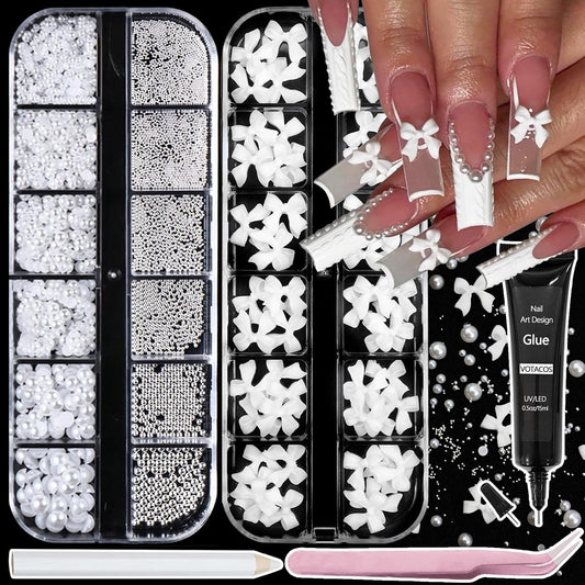 Bow Nail Art Charms with Rhinestones Glue Gel White Flatback Pearls Luxurious Nail Charms Supplies