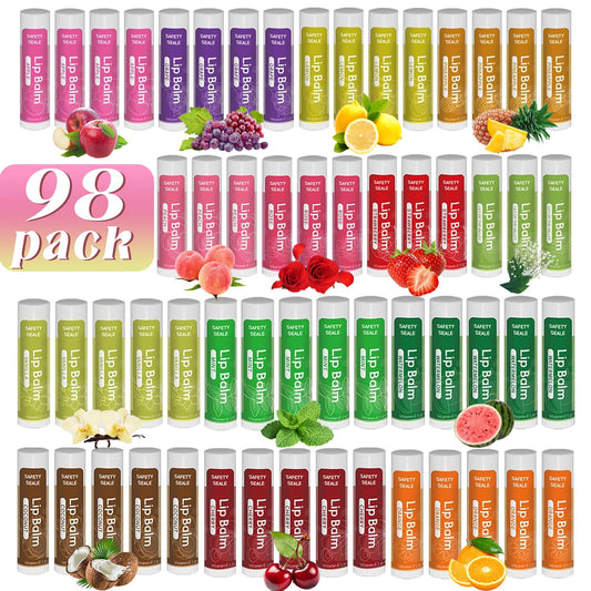 98 Pack Natural Lip Balm Bulk with Vitamin E and Coconut Oil - Moisturizing, Soothing, and Repairing Dry and cracked Lips, Mini Chap Stick Gifts for Kids Women Men - 14 Flavors - Non-GMO