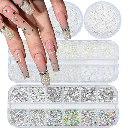 4 Boxes Nail Rhinestones and Pearls Nail Charms, 11000 PCS Crystals Nail Gems and Rhinestones for