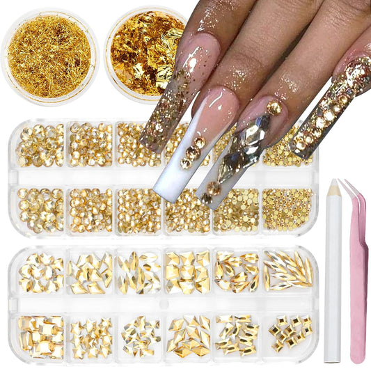 Nail Art Rhinestones Flatback Gold Nail Charms Multi Shapes Crystal Mixed Glitter Foil Design Gold